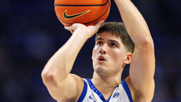 Dec 2, 2023; Lexington, Kentucky, USA; Kentucky Wildcats guard Reed Sheppard shoots a free-throw during the second half against the North Carolina-Wilmington Seahawks at Rupp Arena at Central Bank Center. Mandatory Credit: Jordan Prather-USA TODAY Sports
